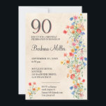 Floral 90th Birthday - Wildflowers 90 Years Party Invitation<br><div class="desc">Floral 90th Birthday - Wildflowers 90 Years Party Invitation. Celebrate a special milestone with this elegant 80th birthday invitation, designed for a wonderful woman. Featuring a bold '90' at the top and a delicate floral design in soft watercolor hues, this invitation beautifully combines sophistication and charm. Perfect for gathering loved...</div>