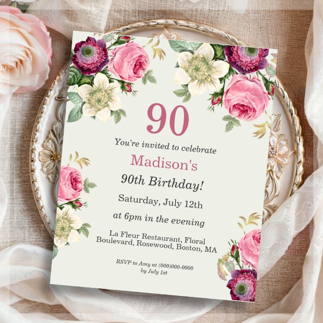 Floral 90th Budget Birthday Invitation (Creator Uploaded)