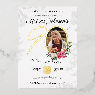 Floral 90th Surprise Birthday Chic Botanical Photo Foil Invitation