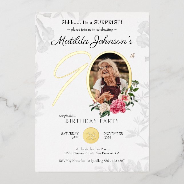 Floral 90th Surprise Birthday Chic Botanical Photo Foil Invitation (Front)