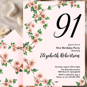 Floral 91st Birthday Invitation in Blush Pink
