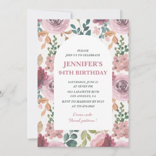 Floral 94th birthday invitations Chic Watercolor