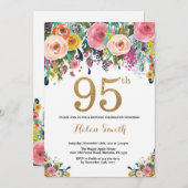 Floral 95th Birthday Invitation Gold Glitter (Front/Back)