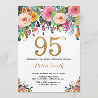 Floral 95th Birthday Invitation Gold Glitter