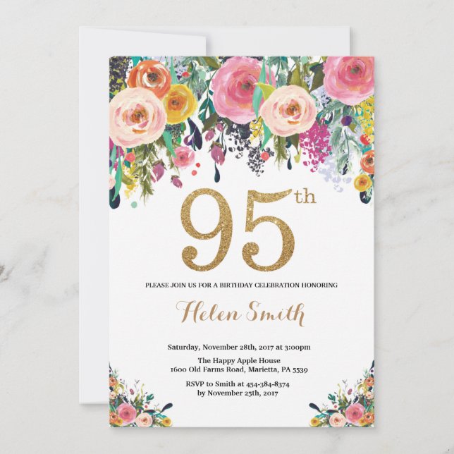 Floral 95th Birthday Invitation Gold Glitter (Front)