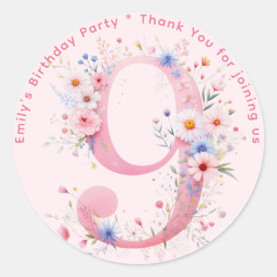 Floral 9th Birthday Thank You Favor Nine Custom Classic Round Sticker