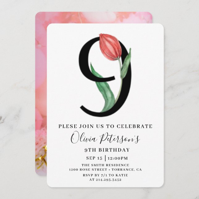 Floral 9th Birthday With Custom Photo Invitation  (Front/Back)