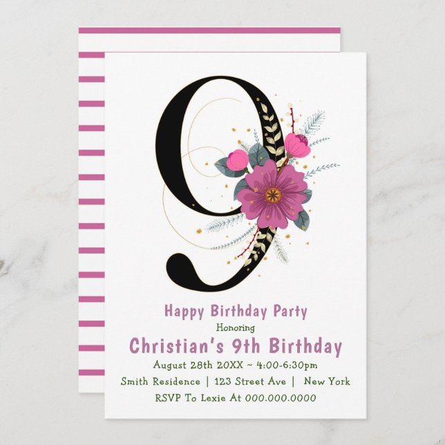 Floral 9th Typography Birthday Invitations (Front/Back)