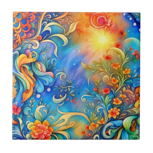 Floral Abstract 72 Blue Orange  Ceramic Tile (Front)
