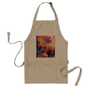 Floral Abstract Art Orange Red Blue Flowers Adult Apron