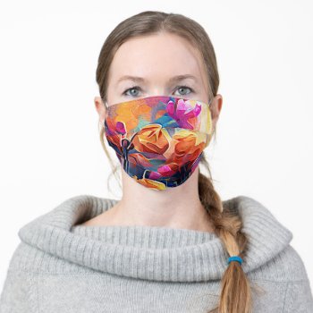 Floral Abstract Art Orange Red Blue Flowers Adult Cloth Face Mask by OniArts at Zazzle