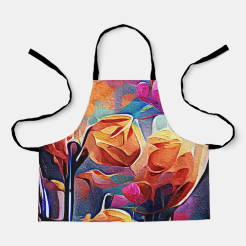 Floral Abstract Art Orange Red Blue Flowers Apron