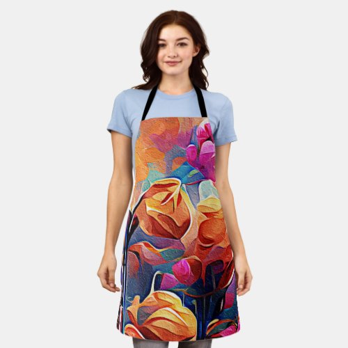 Floral Abstract Art Orange Red Blue Flowers Apron