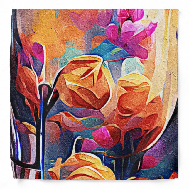 Floral Abstract Art Orange Red Blue Flowers Bandana (Front)