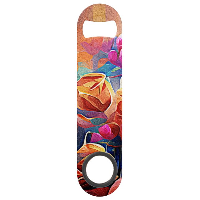 Floral Abstract Art Orange Red Blue Flowers Bar Key (Front)