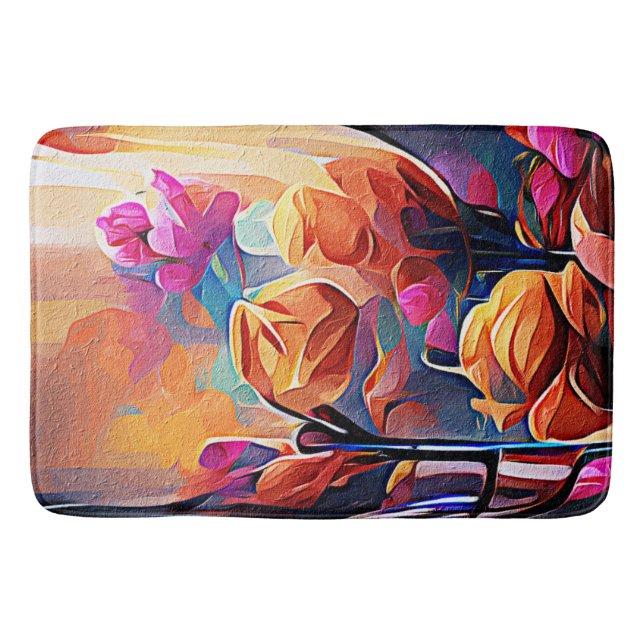 Floral Abstract Art Orange Red Blue Flowers Bath Mat (Front)
