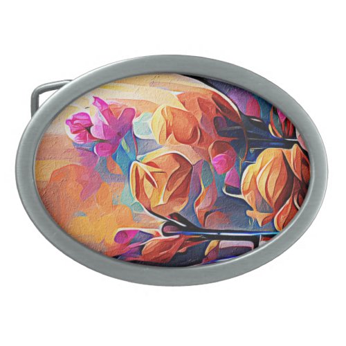 Floral Abstract Art Orange Red Blue Flowers Belt Buckle