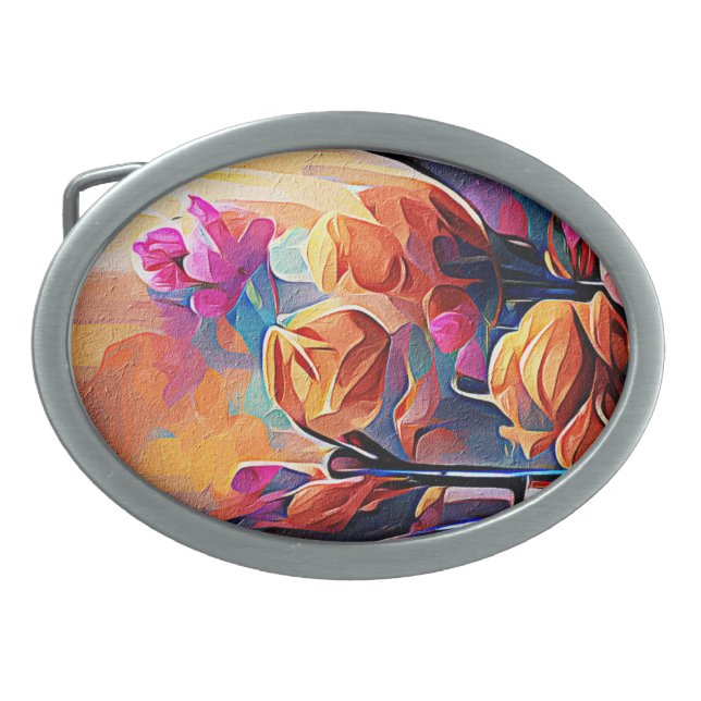 Floral Abstract Art Orange Red Blue Flowers Belt Buckle (Front)