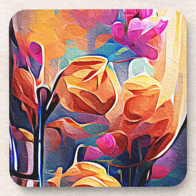 Floral Abstract Art Orange Red Blue Flowers Beverage Coaster (Front)