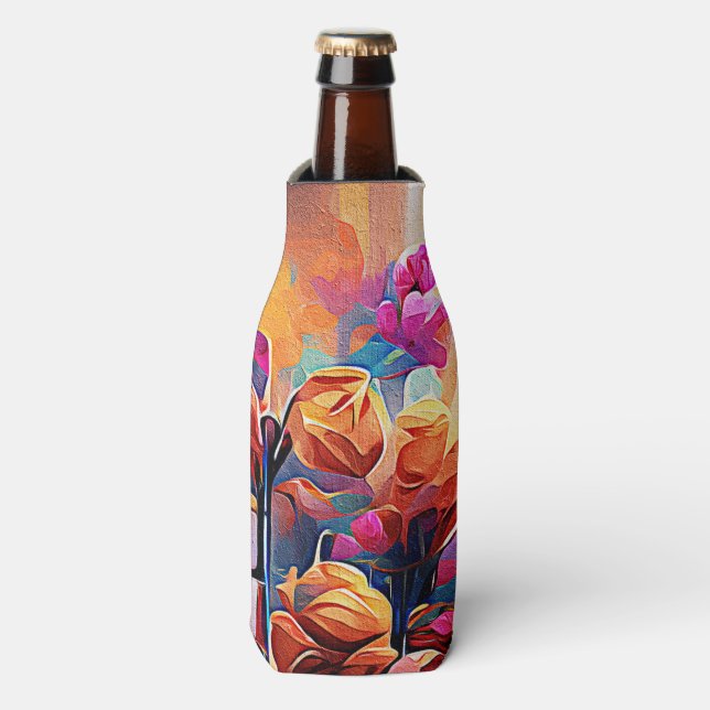 Floral Abstract Art Orange Red Blue Flowers Bottle Cooler (Bottle Front)