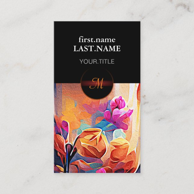 Floral Abstract Art Orange Red Blue Flowers Business Card (Front)