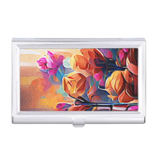 Floral Abstract Art Orange Red Blue Flowers Business Card Case