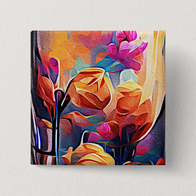 Floral Abstract Art Orange Red Blue Flowers Button (Front)