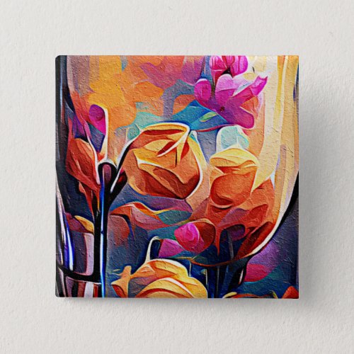 Floral Abstract Art Orange Red Blue Flowers Button