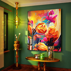 Floral Abstract Art Orange Red Blue Flowers Canvas Print