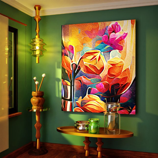 Floral Abstract Art Orange Red Blue Flowers Canvas Print (Floral Abstract Art Orange Red Blue Flowers Canvas Print)