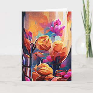 Floral Abstract Art Orange Red Blue Flowers Card
