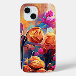 Floral Abstract Art Orange Red Blue Flowers iPhone 15 Case
