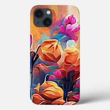 Floral Abstract Art Orange Red Blue Flowers Iphone 13 Case by OniArts at Zazzle