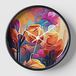 Floral Abstract Art Orange Red Blue Flowers Clock