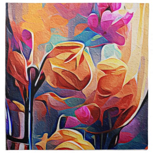 Floral Abstract Art Orange Red Blue Flowers Cloth Napkin