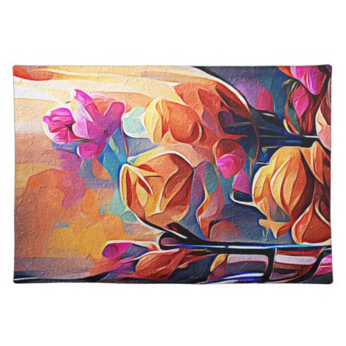 Floral Abstract Art Orange Red Blue Flowers Cloth Placemat
