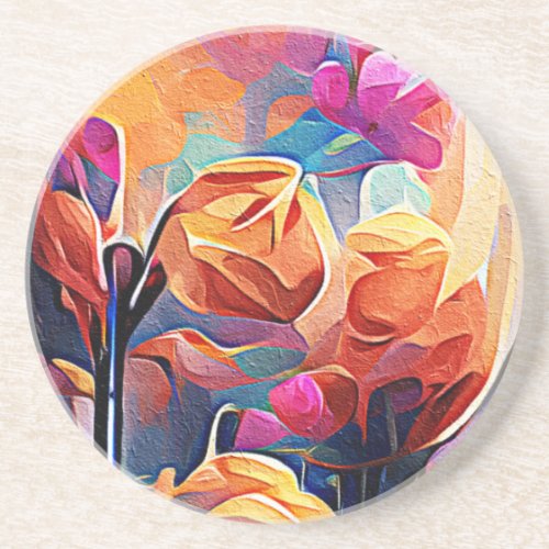 Floral Abstract Art Orange Red Blue Flowers Coaster