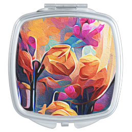 Floral Abstract Art Orange Red Blue Flowers Compact Mirror