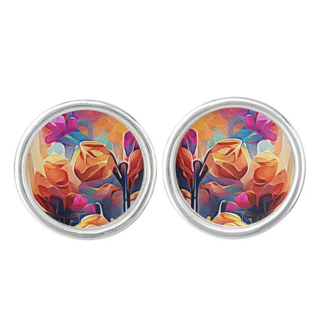 Floral Abstract Art Orange Red Blue Flowers Cufflinks (Front)