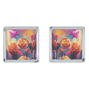 Floral Abstract Art Orange Red Blue Flowers Cufflinks