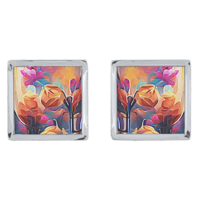 Floral Abstract Art Orange Red Blue Flowers Cufflinks (Front)