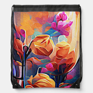 Floral Abstract Art Orange Red Blue Flowers Drawstring Bag