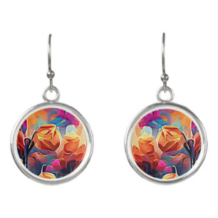 Floral Abstract Art Orange Red Blue Flowers Earrings
