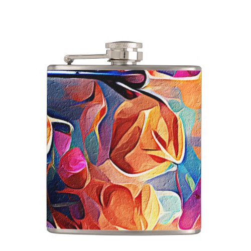 Floral Abstract Art Orange Red Blue Flowers Flask
