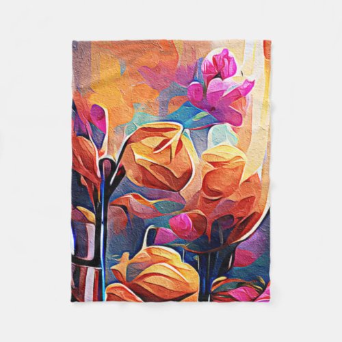 Floral Abstract Art Orange Red Blue Flowers Fleece Blanket