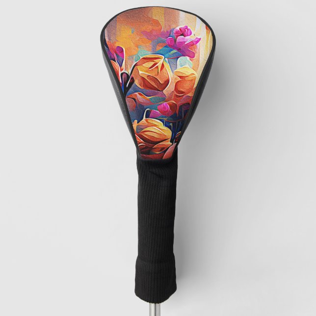 Floral Abstract Art Orange Red Blue Flowers Golf Head Cover (Front)