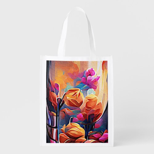 Floral Abstract Art Orange Red Blue Flowers Grocery Bag