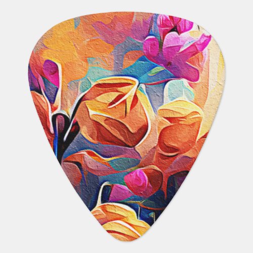 Floral Abstract Art Orange Red Blue Flowers Guitar Pick