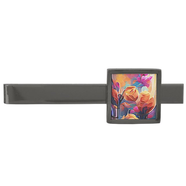 Floral Abstract Art Orange Red Blue Flowers Gunmetal Finish Tie Bar (Front)