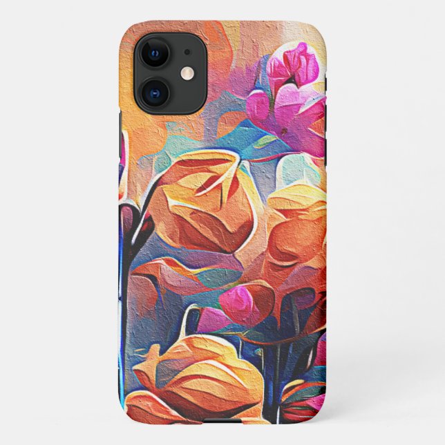 Floral Abstract Art Orange Red Blue Flowers iPhone Case (Back)